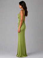 Nora | Women's Satin Maxi Dress with Ruched Waist, Sculpted Evening Dress | Everlasting Boutique | Black