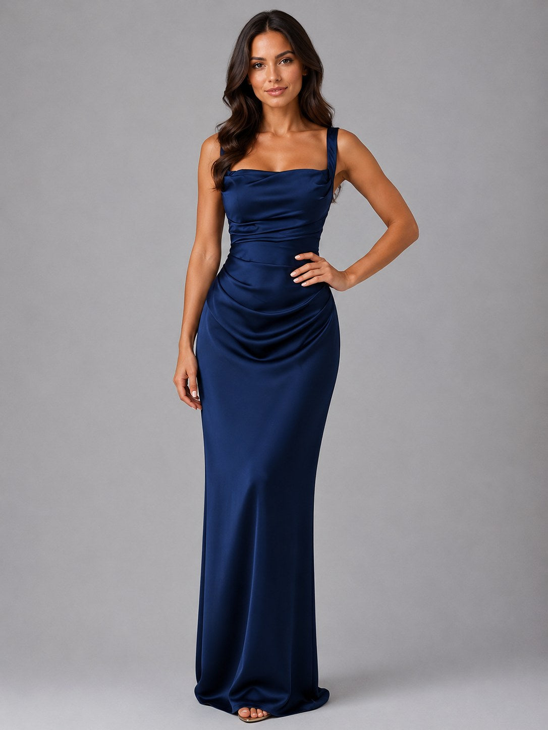 Nora | Women's Satin Maxi Dress with Ruched Waist, Sculpted Evening Dress | Everlasting Boutique