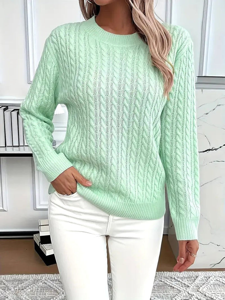 Odile | Women's Long Sleeve Cable Knit Jumper, Textured Autumn Sweater | Everlasting Boutique | Light Green