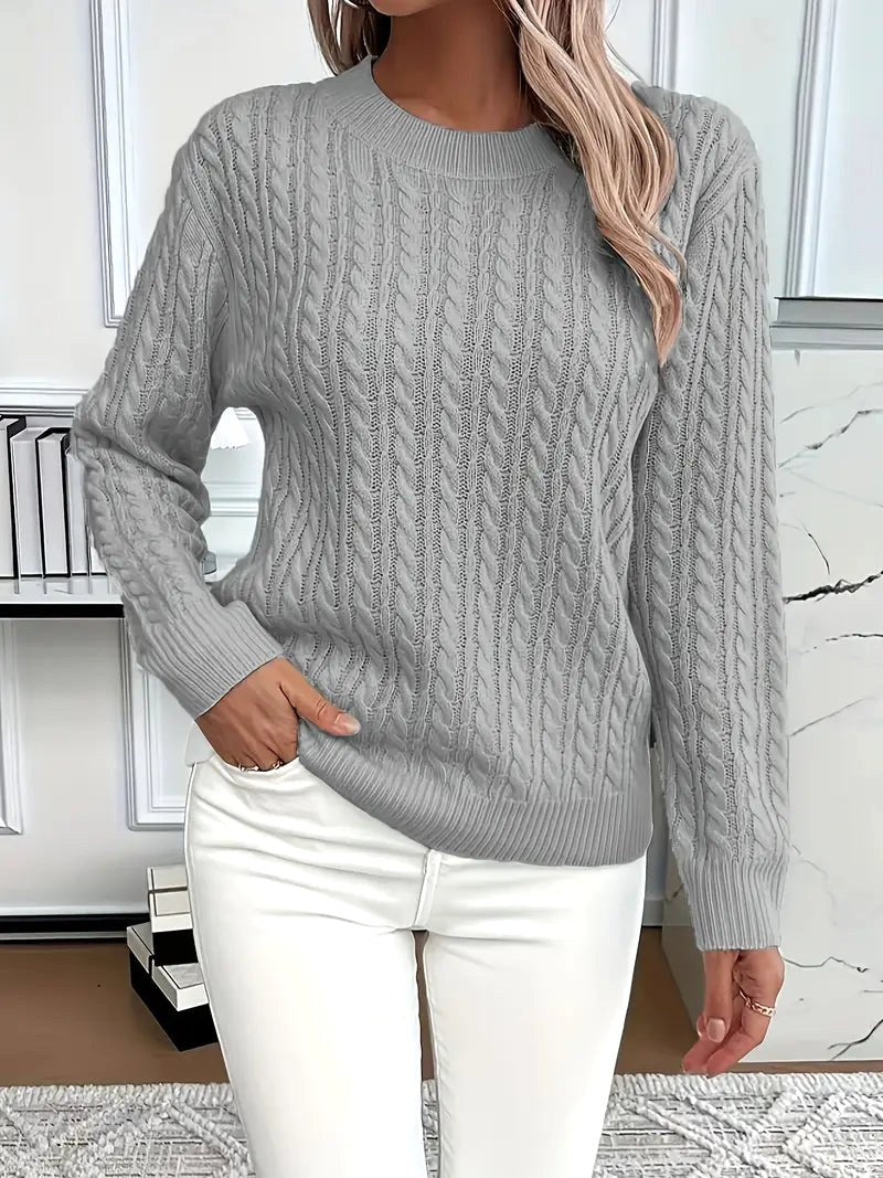 Odile | Women's Long Sleeve Cable Knit Jumper, Textured Autumn Sweater | Everlasting Boutique | Grey