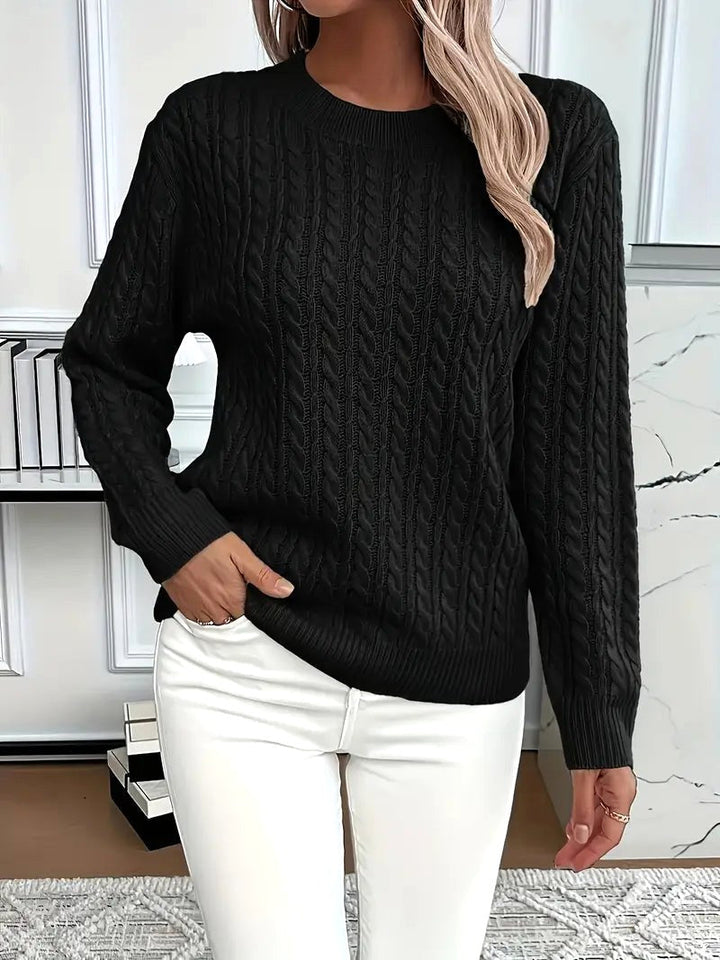 Odile | Women's Long Sleeve Cable Knit Jumper, Textured Autumn Sweater | Everlasting Boutique | Black