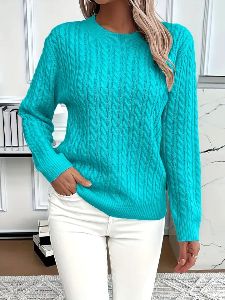 Odile | Women's Long Sleeve Cable Knit Jumper, Textured Autumn Sweater | Everlasting Boutique | Peacock Blue