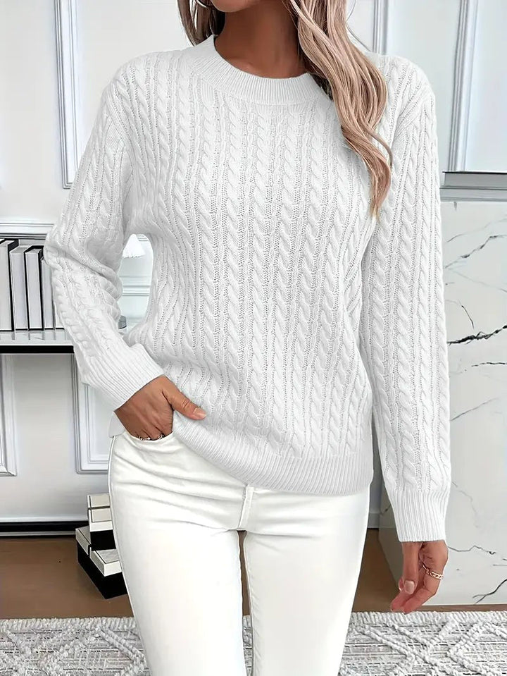 Odile | Women's Long Sleeve Cable Knit Jumper, Textured Autumn Sweater | Everlasting Boutique | White