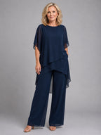 Olive | Women's Chiffon Two-Piece Set, Wide-Leg Trousers Lounge Set | Everlasting Boutique | Navy