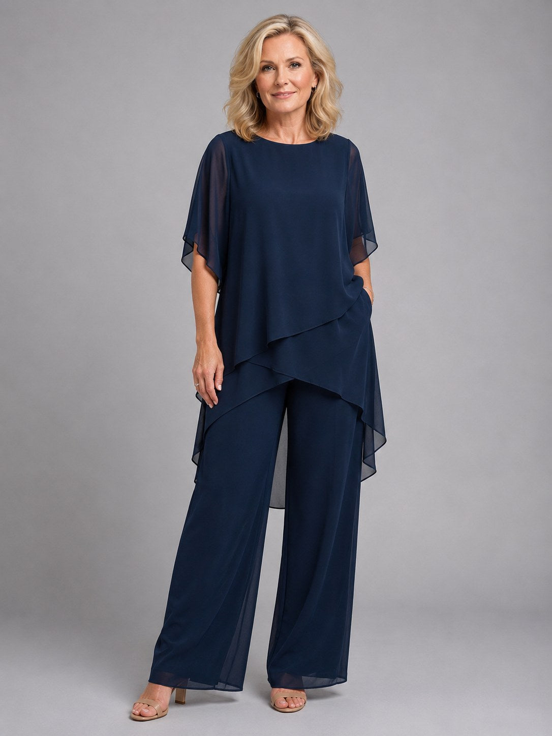 Olive | Women's Chiffon Two-Piece Set, Wide-Leg Trousers Lounge Set | Everlasting Boutique | Navy
