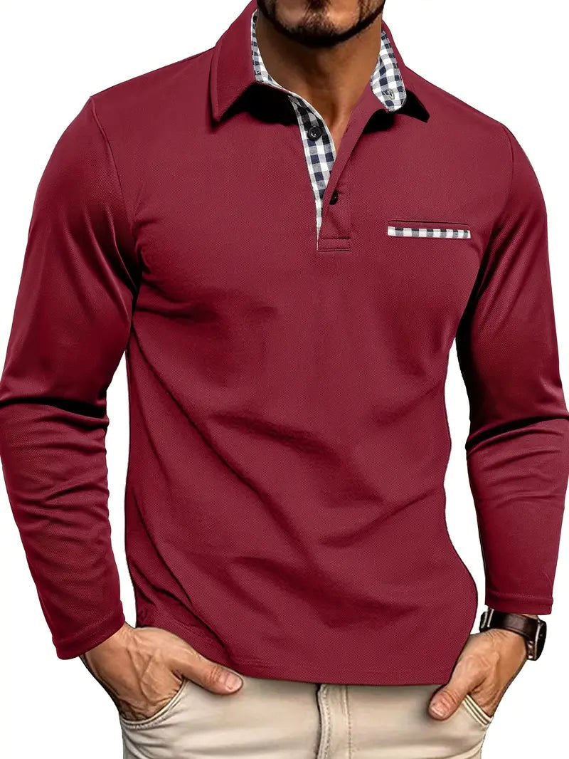 Oliver | Men's Long-Sleeved Polo Shirt, Checked Collar Smart Polo | Everlasting Boutique | Bordeaux red
