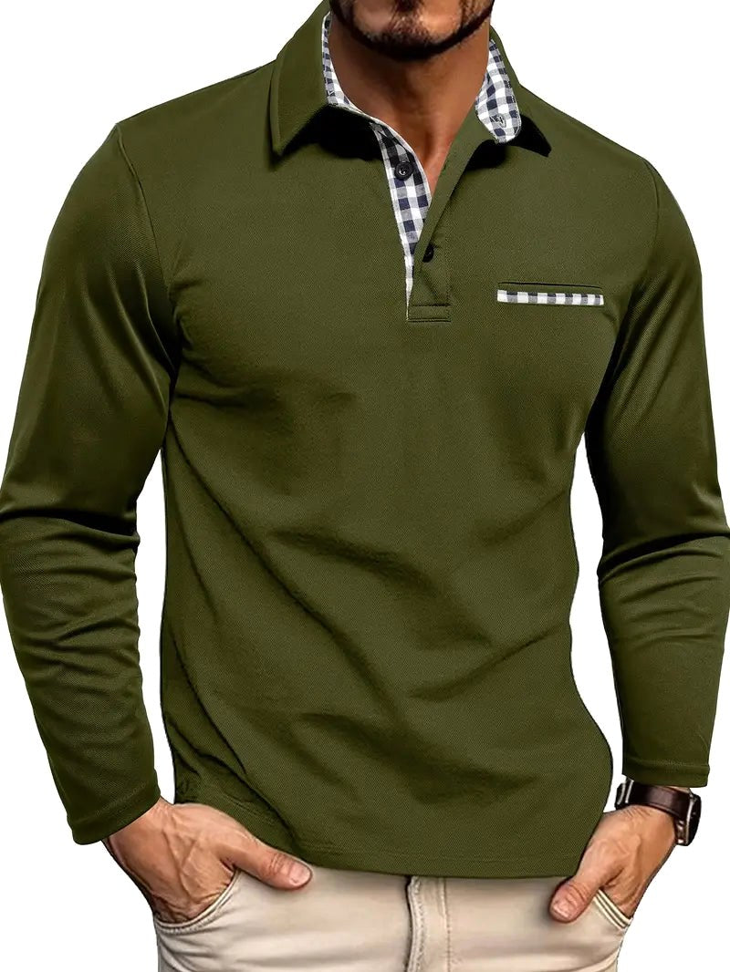 Oliver | Men's Long-Sleeved Polo Shirt, Checked Collar Smart Polo | Everlasting Boutique | Olive Green