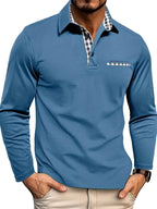Oliver | Men's Long-Sleeved Polo Shirt, Checked Collar Smart Polo | Everlasting Boutique | Light blue