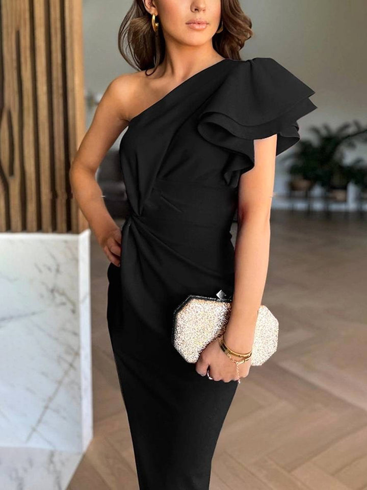 Oliwia | Women's One-Shoulder Evening Dress with Ruffles, Occasion Midi Dress | Everlasting Boutique
