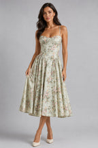 Orla | Women's Floral Corset Midi Dress, Sweetheart Neck Wedding Guest Dress | Everlasting Boutique | Green