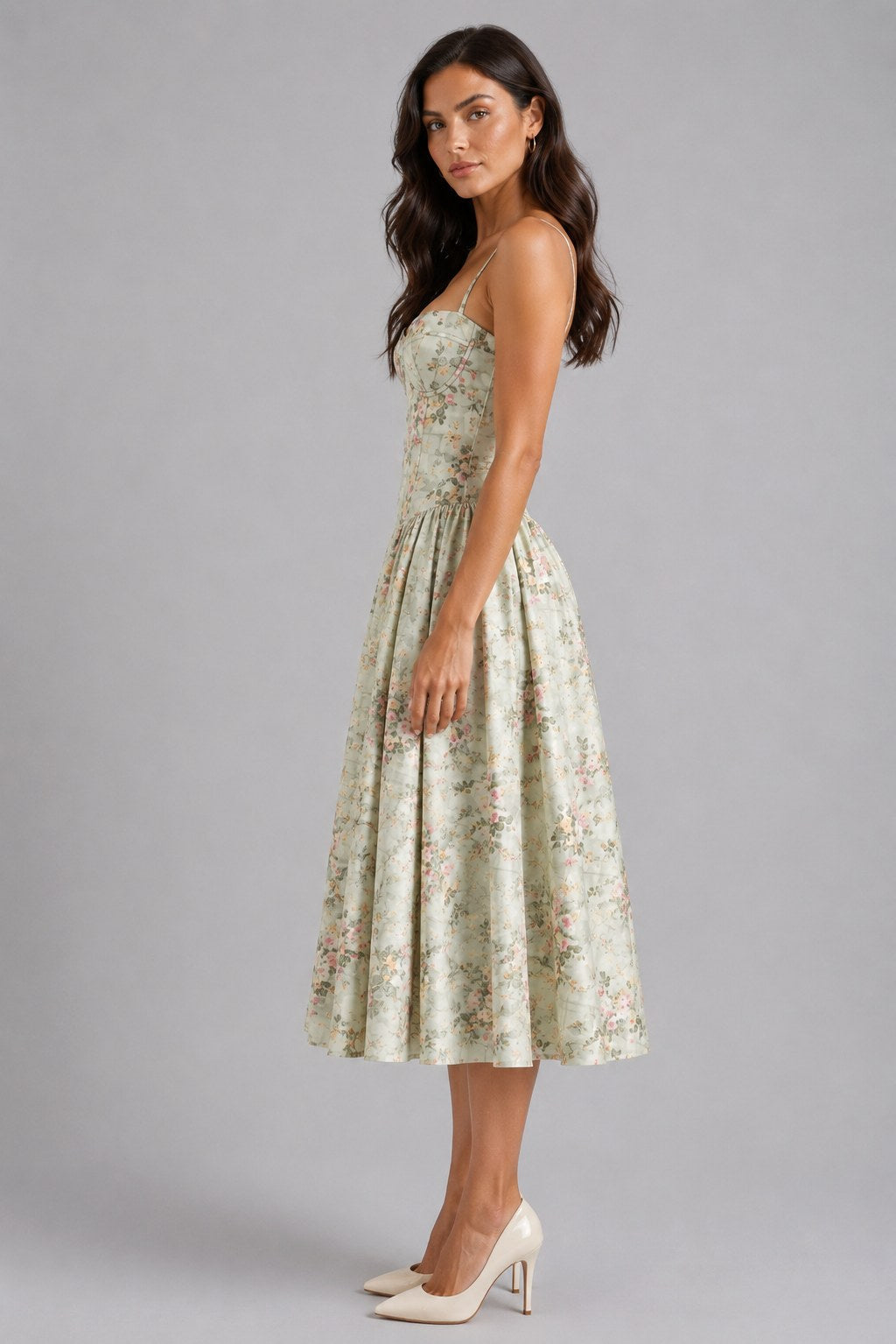 Orla | Women's Floral Corset Midi Dress, Sweetheart Neck Wedding Guest Dress | Everlasting Boutique | Cream