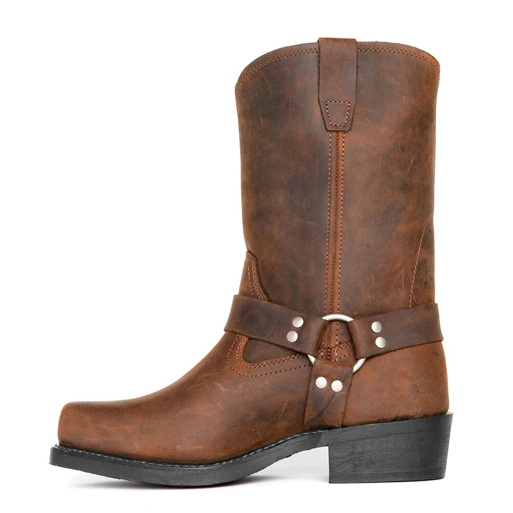 Oswin | Men's Mid-Calf Cowboy Boots, Harness Style Western Boots | Everlasting Boutique | Brown