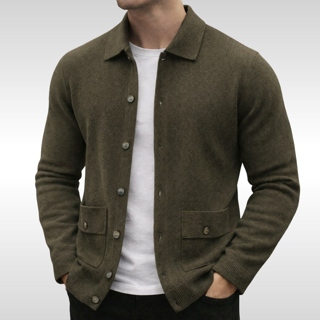 Owen | Men's Knit Cardigan, Finely Textured Layer Cardigan | Everlasting Boutique | Olive Green