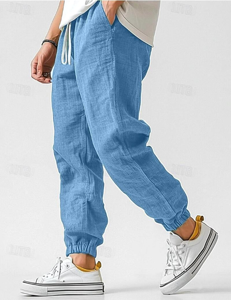 Owen | Men's Linen Relaxed Fit Jogger Trousers, Tapered Ankle Trousers | Everlasting Boutique | Blue
