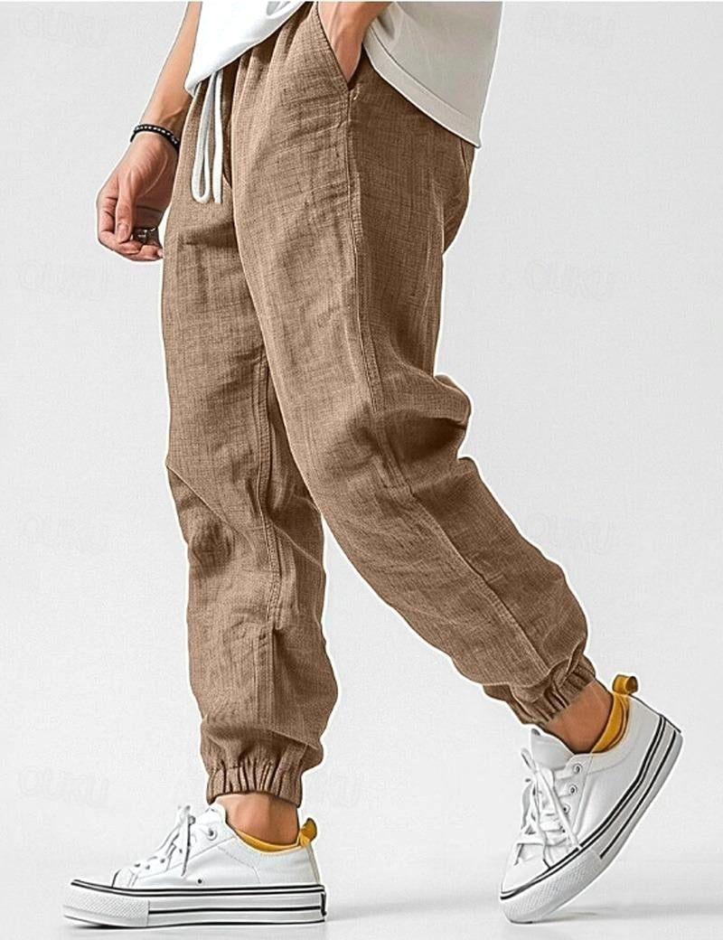 Owen | Men's Linen Relaxed Fit Jogger Trousers, Tapered Ankle Trousers | Everlasting Boutique | Khaki