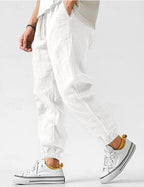 Owen | Men's Linen Relaxed Fit Jogger Trousers, Tapered Ankle Trousers | Everlasting Boutique | White