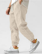 Owen | Men's Linen Relaxed Fit Jogger Trousers, Tapered Ankle Trousers | Everlasting Boutique | Beige