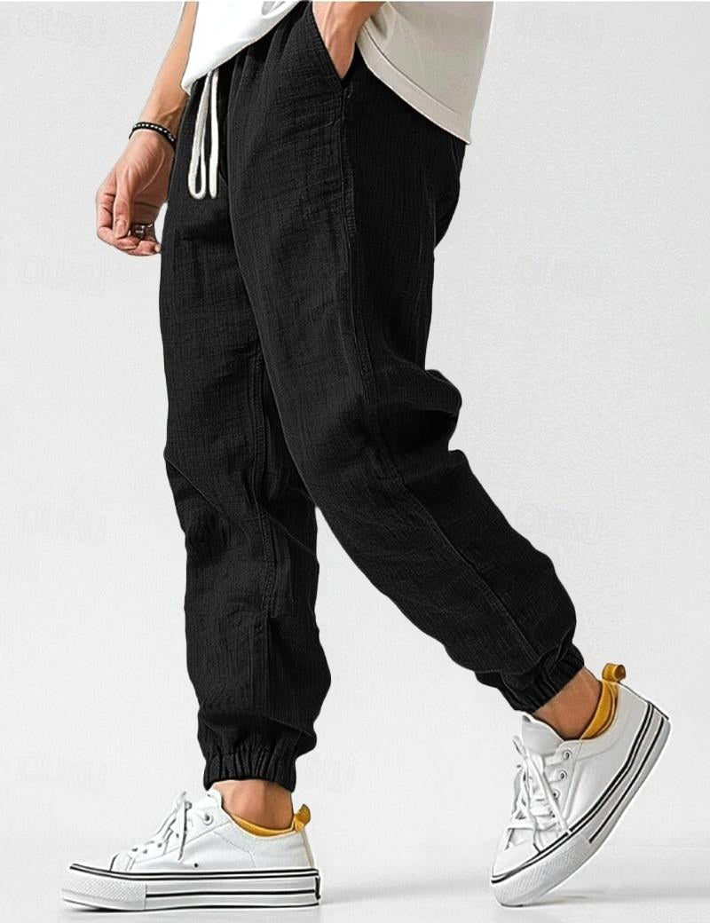 Owen | Men's Linen Relaxed Fit Jogger Trousers, Tapered Ankle Trousers | Everlasting Boutique | Black