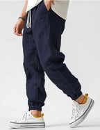Owen | Men's Linen Relaxed Fit Jogger Trousers, Tapered Ankle Trousers | Everlasting Boutique | Navy