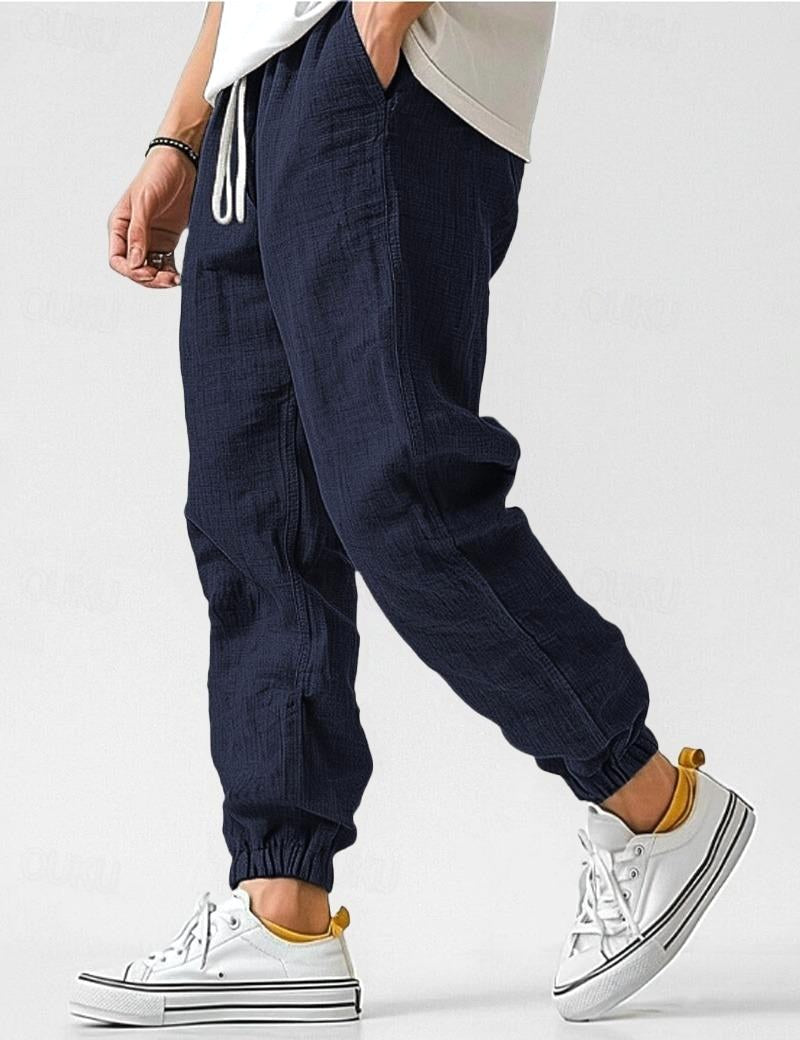Owen | Men's Linen Relaxed Fit Jogger Trousers, Tapered Ankle Trousers | Everlasting Boutique | Navy