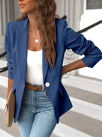 Pauline | Women's Tailored Blazer with Notched Lapel, Single-Button Workwear Blazer | Everlasting Boutique | Blue