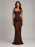 Penelope | Women's Bodycon Draped Corset Maxi Dress, Sculpted Silhouette Evening Dress | Everlasting Boutique | Brown
