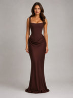 Penelope | Women's Bodycon Draped Corset Maxi Dress, Sculpted Silhouette Evening Dress | Everlasting Boutique | Brown
