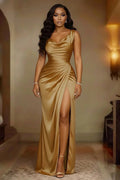 Renee | Women's Satin Maxi Dress with Draping and Side Slit, Elegant Evening Gown | Everlasting Boutique