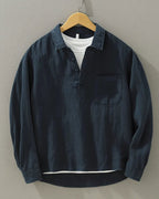 Rory | Men's Cotton-Linen Popover Shirt, Half-Button Relaxed Shirt | Everlasting Boutique | Navy