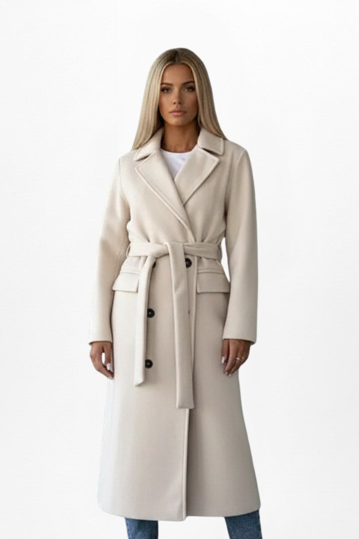 Roseline | Women's Double-Breasted Long Coat, Tailored Autumn Coat | Everlasting Boutique | Beige