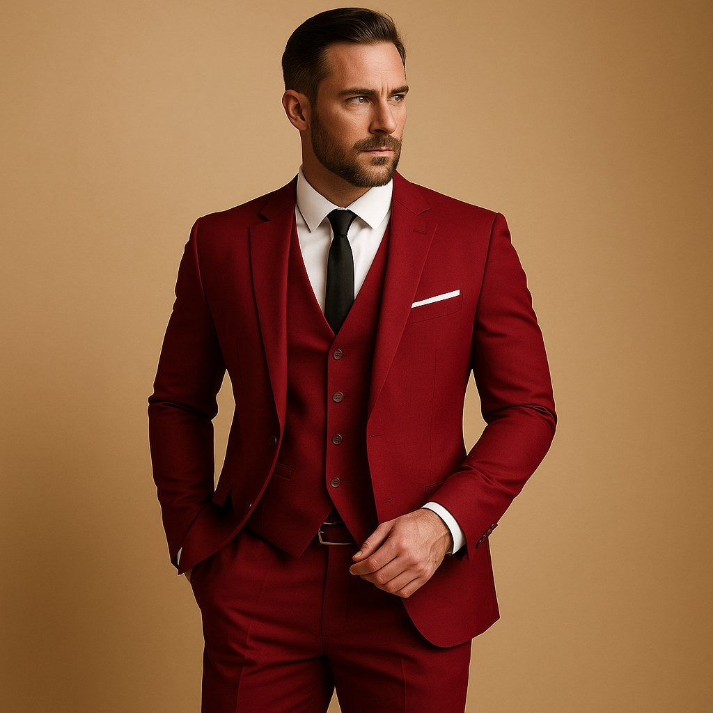 Ryan | Men's Slim Fit Three-Piece Suit with Waistcoat, Tailored Trouser Suit | Everlasting Boutique | Red