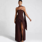 Sabine | Women's Strapless Maxi Dress with Leg Split, Flowing Autumn Maxi Dress | Everlasting Boutique | Red