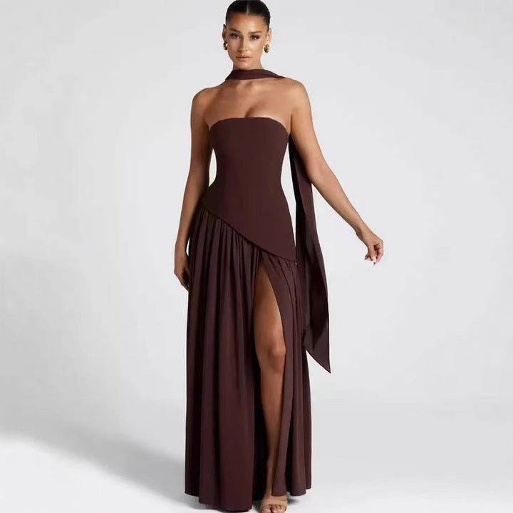Sabine | Women's Strapless Maxi Dress with Leg Split, Flowing Autumn Maxi Dress | Everlasting Boutique | Red