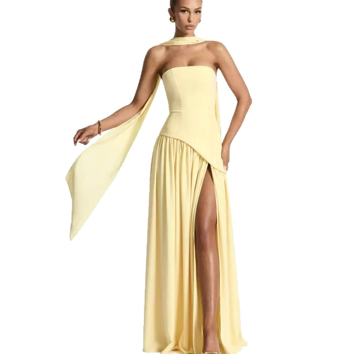 Sabine | Women's Strapless Maxi Dress with Leg Split, Flowing Autumn Maxi Dress | Everlasting Boutique | Green