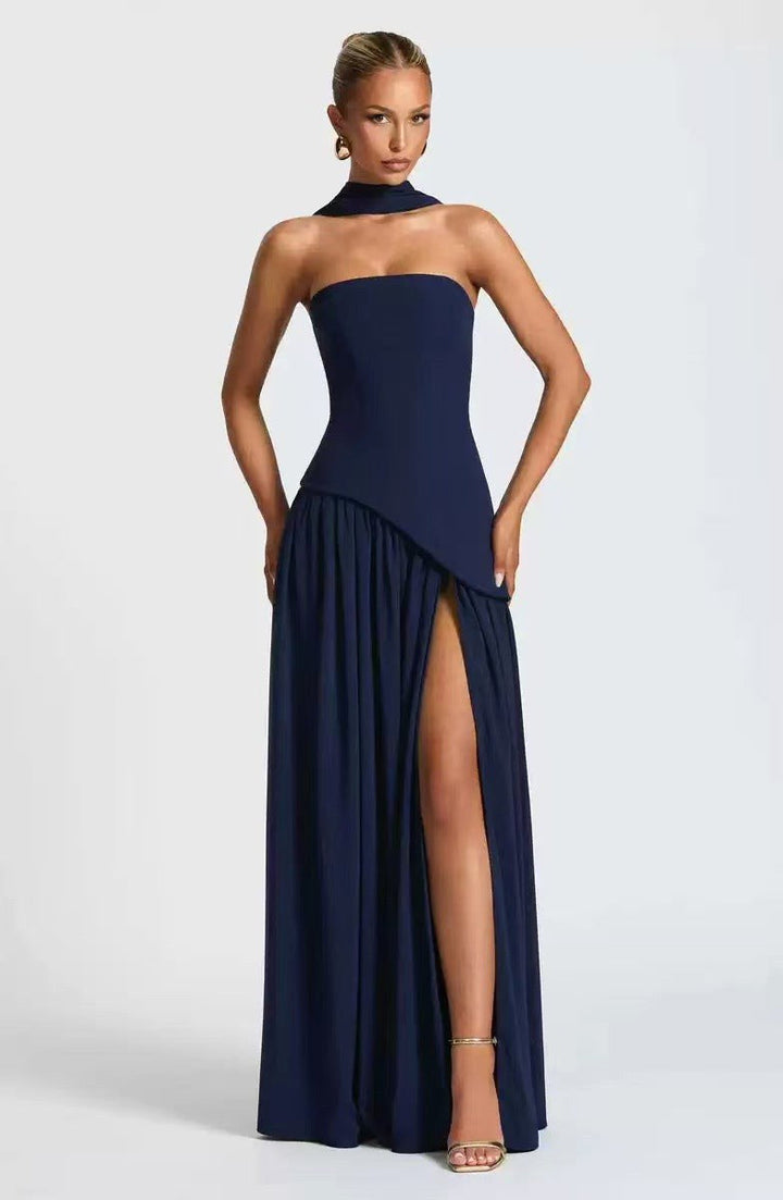 Sabine | Women's Strapless Maxi Dress with Leg Split, Flowing Autumn Maxi Dress | Everlasting Boutique | Dark blue
