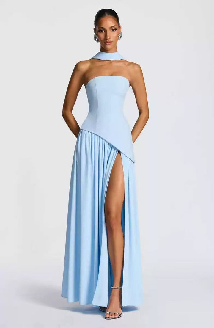 Sabine | Women's Strapless Maxi Dress with Leg Split, Flowing Autumn Maxi Dress | Everlasting Boutique | Brown