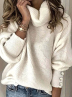Scarlett | Women's Ribbed Knit Jumper with Cowl Collar and Cuff Buttons, Structured Knit Jumper | Everlasting Boutique | White