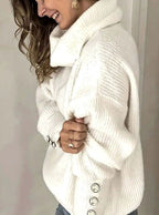 Scarlett | Women's Ribbed Knit Jumper with Cowl Collar and Cuff Buttons, Structured Knit Jumper | Everlasting Boutique | White