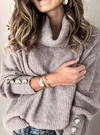 Scarlett | Women's Ribbed Knit Jumper with Cowl Collar and Cuff Buttons, Structured Knit Jumper | Everlasting Boutique | White