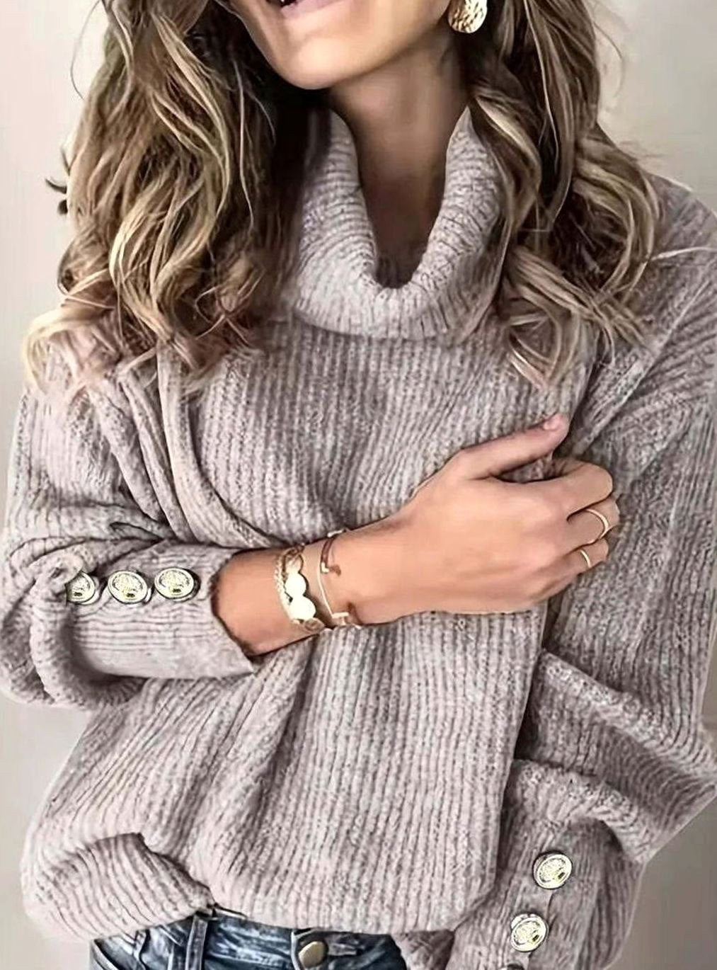 Scarlett | Women's Ribbed Knit Jumper with Cowl Collar and Cuff Buttons, Structured Knit Jumper | Everlasting Boutique | White