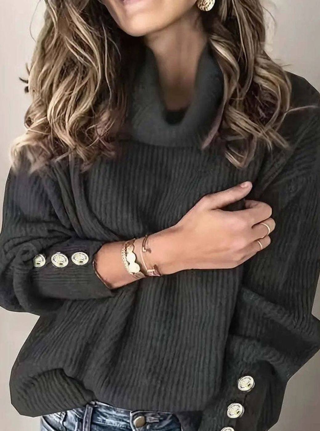 Scarlett | Women's Ribbed Knit Jumper with Cowl Collar and Cuff Buttons, Structured Knit Jumper | Everlasting Boutique | White