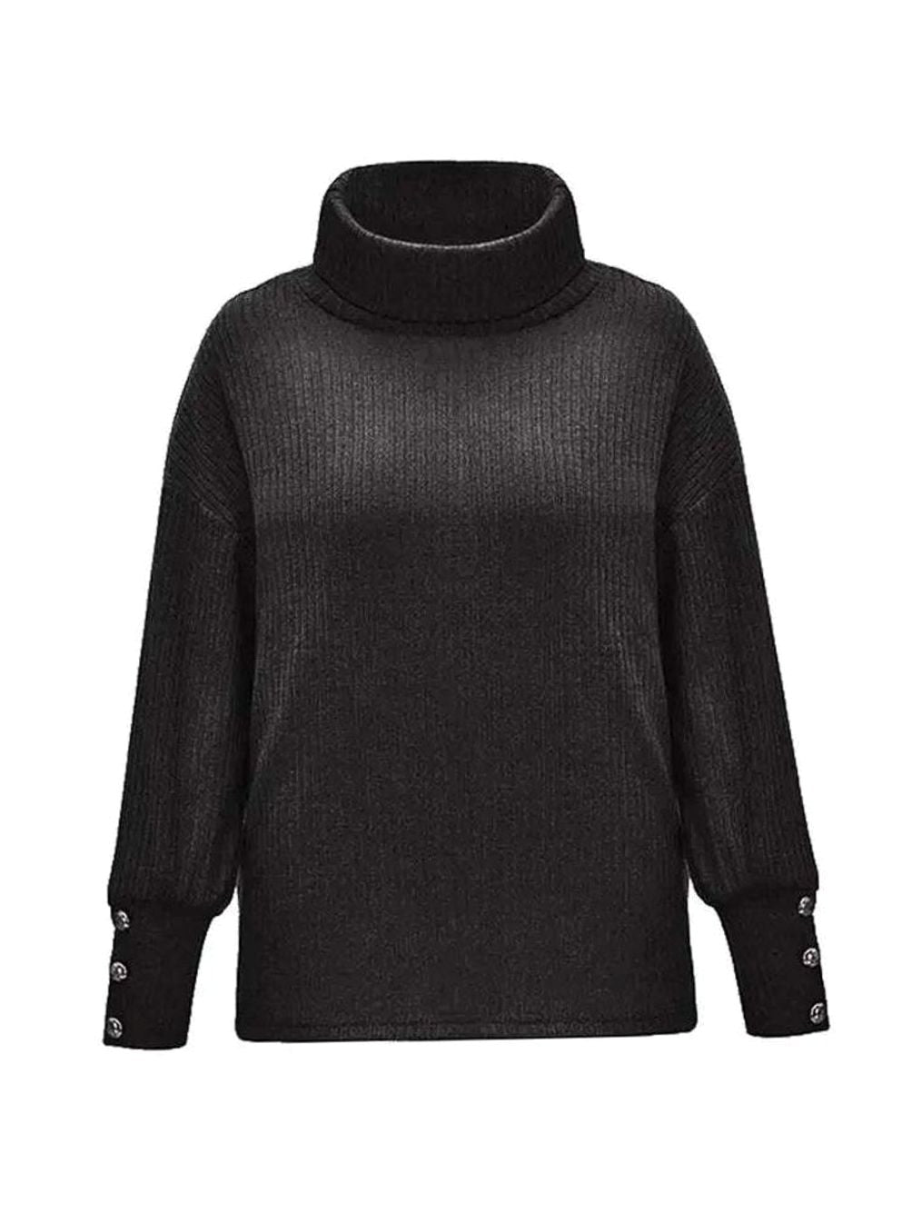 Scarlett | Women's Ribbed Knit Jumper with Cowl Collar and Cuff Buttons, Structured Knit Jumper | Everlasting Boutique | Grey