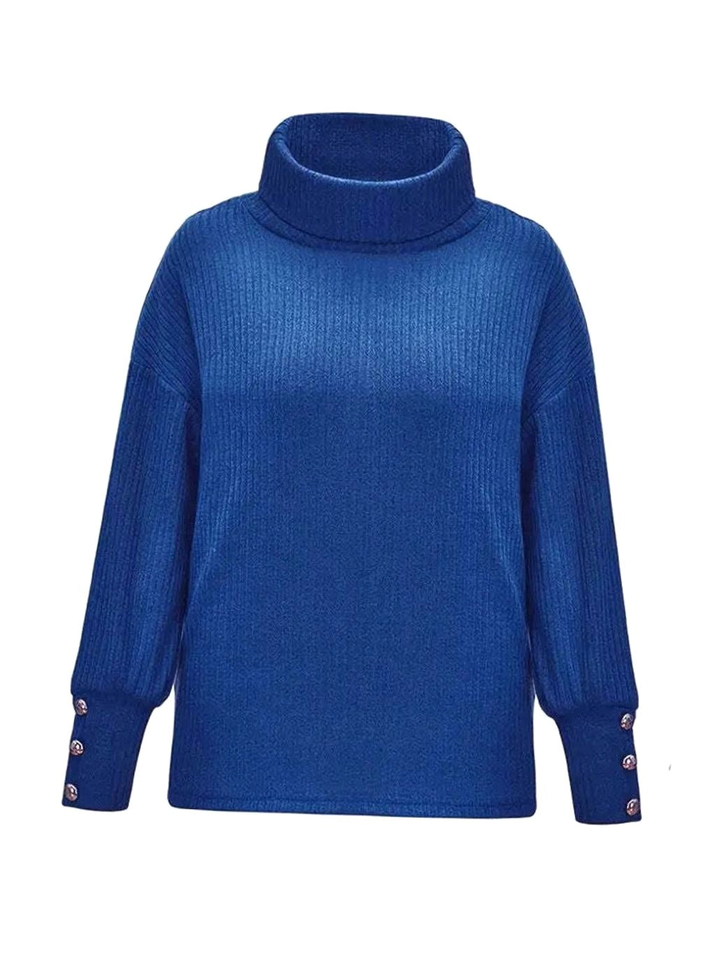 Scarlett | Women's Ribbed Knit Jumper with Cowl Collar and Cuff Buttons, Structured Knit Jumper | Everlasting Boutique | Grey