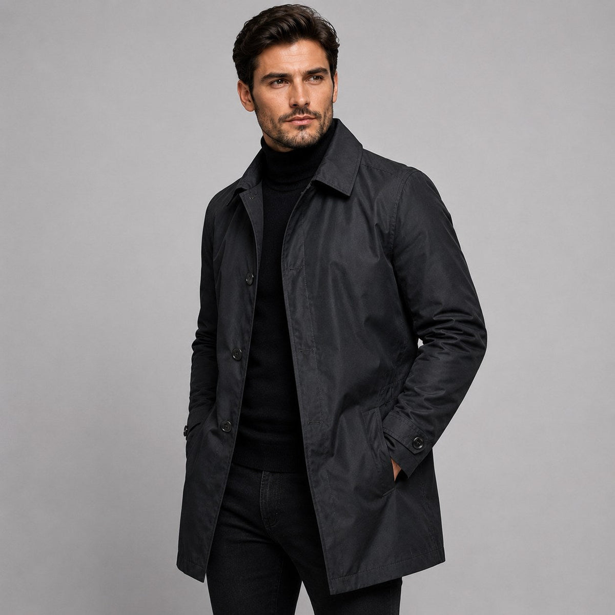 Scott | Men's Tailored Longline Coat, Button Front Overcoat | Everlasting Boutique | Black