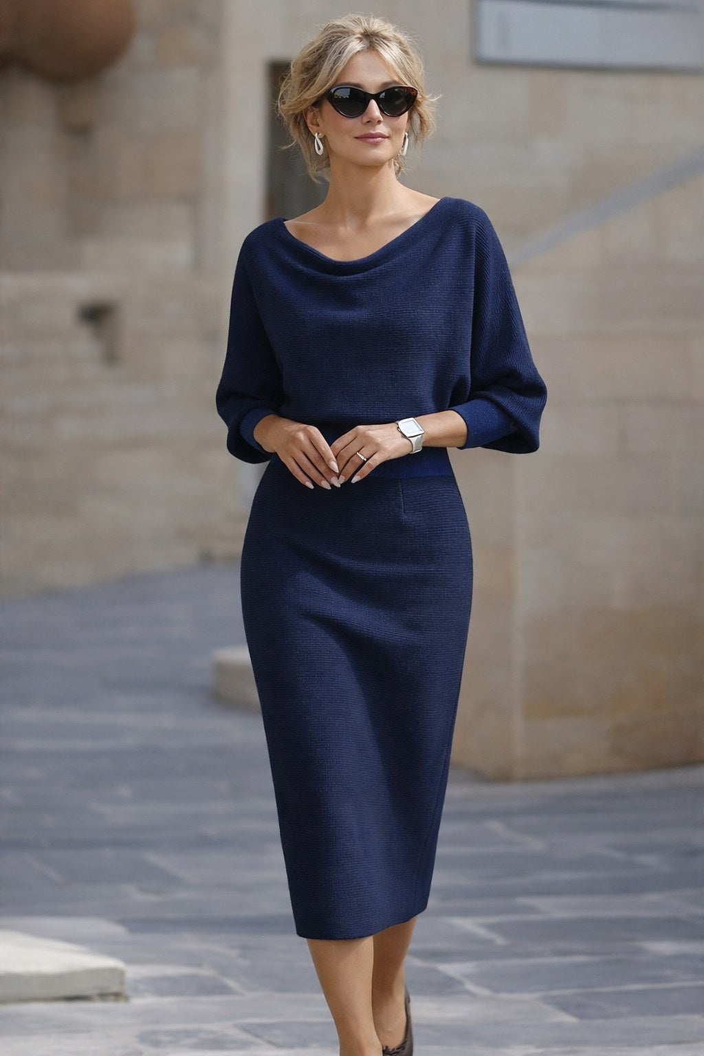 Serena | Women's Midi Dress with Round Neckline, Flowing Draped Midi Dress | Everlasting Boutique