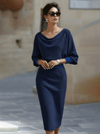 Serena | Women's Midi Dress with Round Neckline, Flowing Draped Midi Dress | Everlasting Boutique
