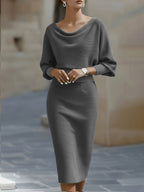 Serena | Women's Midi Dress with Round Neckline, Flowing Draped Midi Dress | Everlasting Boutique