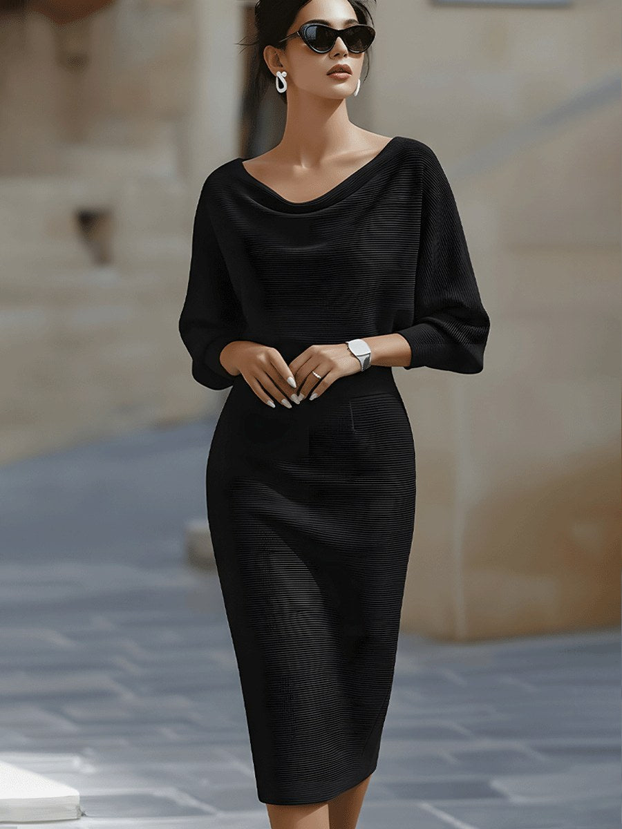 Serena | Women's Midi Dress with Round Neckline, Flowing Draped Midi Dress | Everlasting Boutique