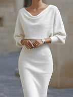 Serena | Women's Midi Dress with Round Neckline, Flowing Draped Midi Dress | Everlasting Boutique