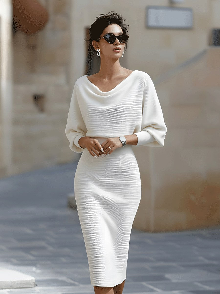 Serena | Women's Midi Dress with Round Neckline, Flowing Draped Midi Dress | Everlasting Boutique